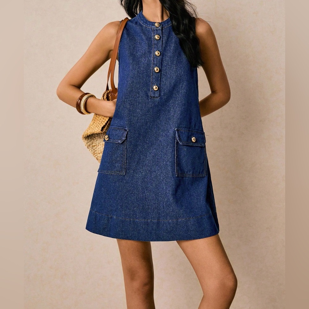 LAST ONE 🔥 Dark Wash Denim Sleeveless Shift Dress with Gold Buttons & Pockets - Picture 5 of 9